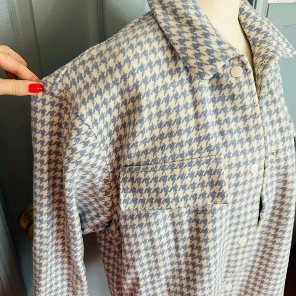 Shero Houndstooth Tassel Trim Blue and White Fringe Shacket Jacket - Picture 5 of 13